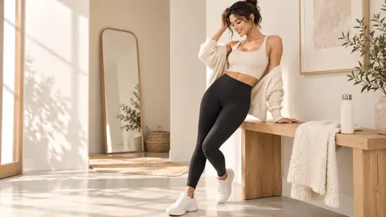 Woman in black leggings and a cream cardigan in a sunlit neutral interior