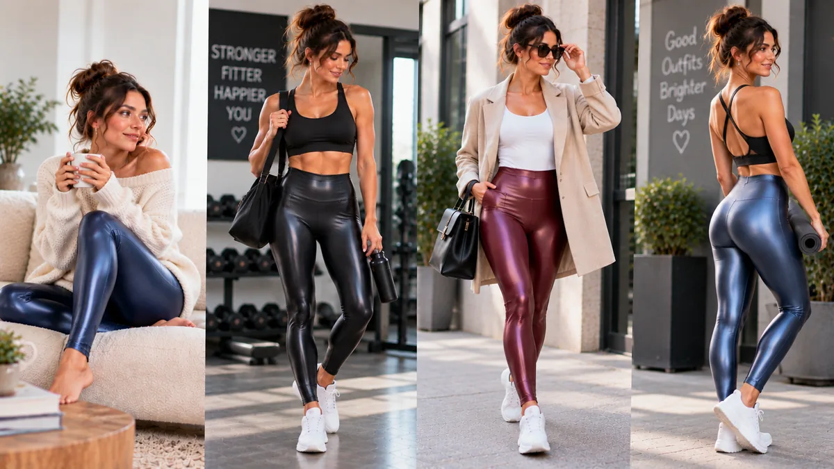 Four glossy spandex leggings looks in navy, black, burgundy and slate blue across home, gym, city and outdoor styling